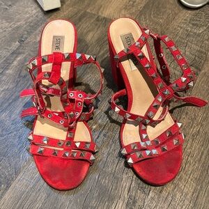 Steve Madden Red Suede Silver Studded Stardom Chunk Heels
